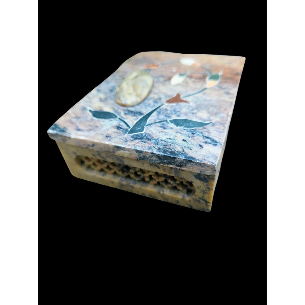 Vintage Inlay Soapstone Trinket Box | Hand-Carved Floral Lattice Design
